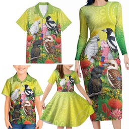 Australian Native Birds Family Matching Long Sleeve Bodycon Dress and Hawaiian Shirt Art Dot Painting Pattern