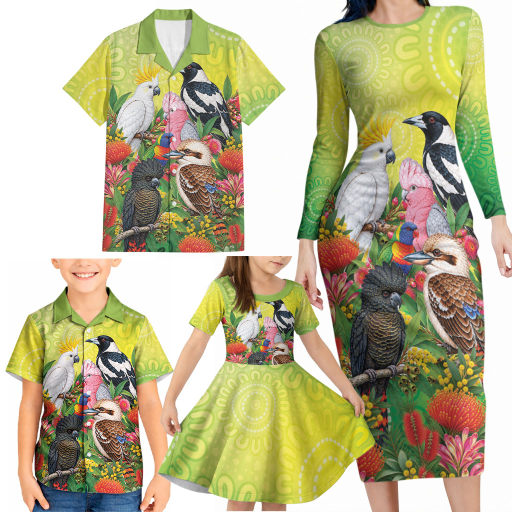 Australian Native Birds Family Matching Long Sleeve Bodycon Dress and Hawaiian Shirt Art Dot Painting Pattern