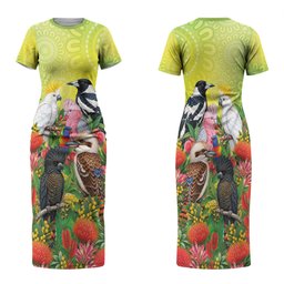 Australian Native Birds Family Matching Short Sleeve Bodycon Dress and Hawaiian Shirt Art Dot Painting Pattern