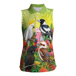 Australian Native Birds Women Sleeveless Polo Shirt Art Dot Painting Pattern