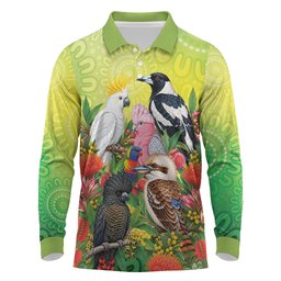Australian Native Birds Long Sleeve Polo Shirt Art Dot Painting Pattern