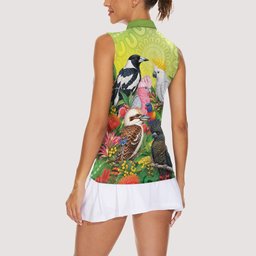 Australian Native Birds Women Sleeveless Polo Shirt Art Dot Painting Pattern