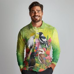 Australian Native Birds Long Sleeve Polo Shirt Art Dot Painting Pattern