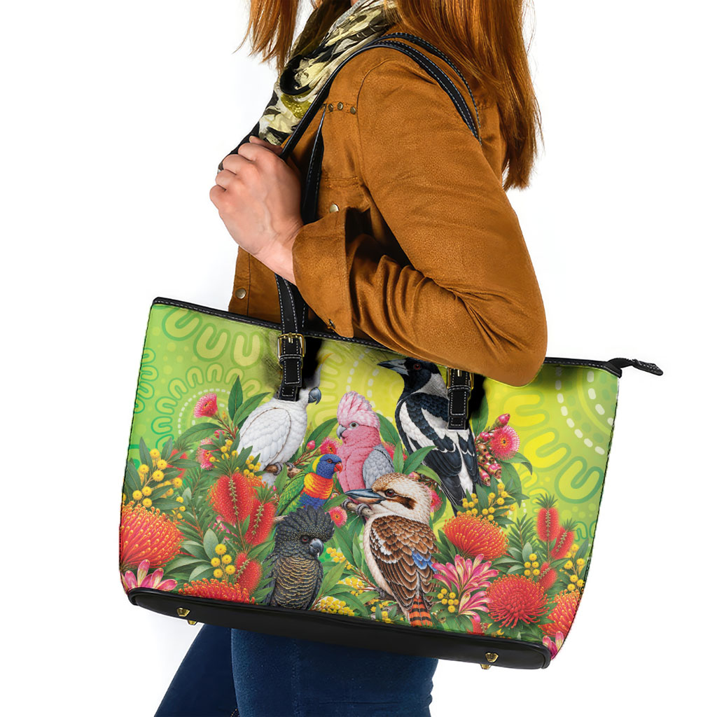 Australian Native Birds Leather Tote Bag Art Dot Painting Pattern