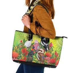 Australian Native Birds Leather Tote Bag Art Dot Painting Pattern