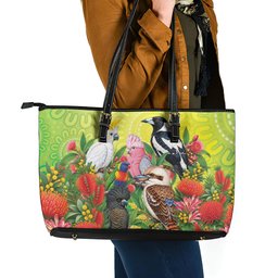 Australian Native Birds Leather Tote Bag Art Dot Painting Pattern