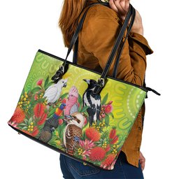 Australian Native Birds Leather Tote Bag Art Dot Painting Pattern