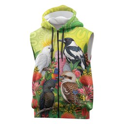 Australian Native Birds Sleeveless Zip Hoodie Art Dot Painting Pattern