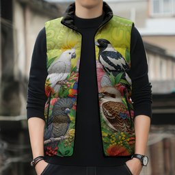 Australian Native Birds Sleeveless Puffer Jacket Art Dot Painting Pattern