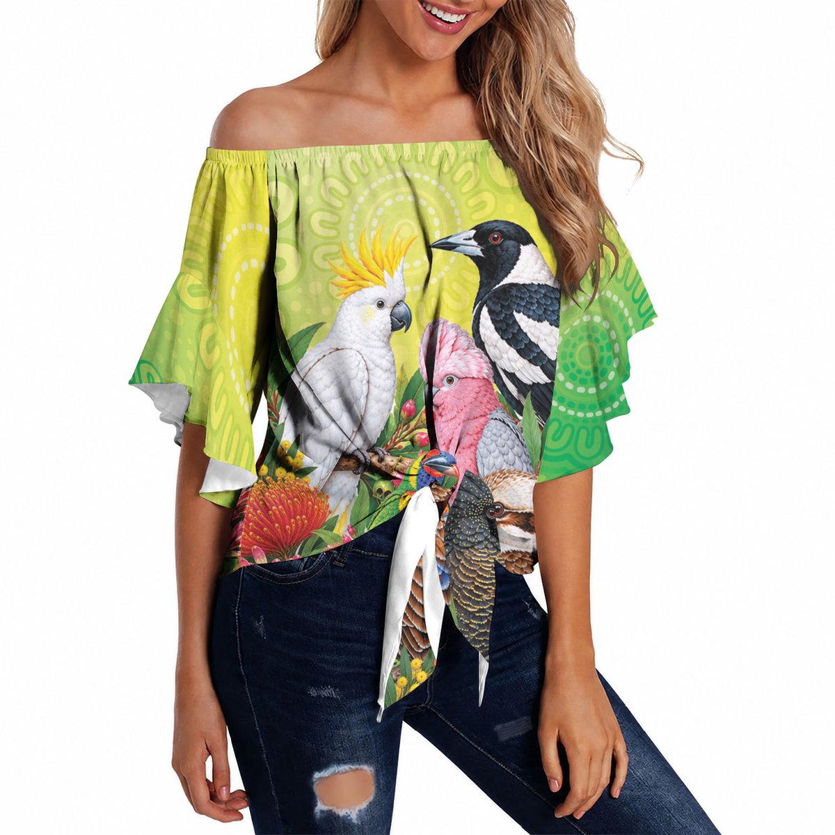 Australian Native Birds Off Shoulder Wrap Waist Top Art Dot Painting Pattern