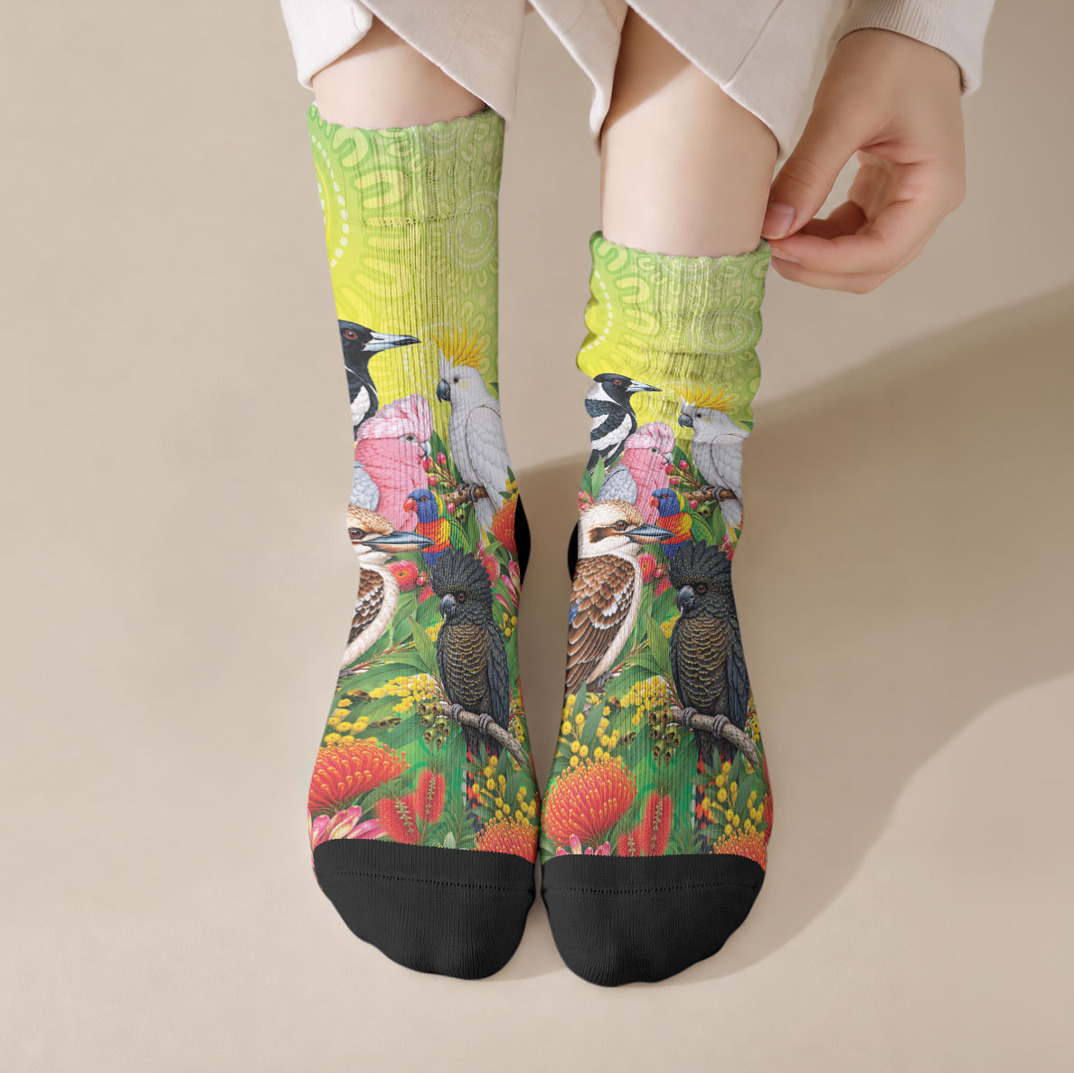 Australian Native Birds Crew Socks Art Dot Painting Pattern