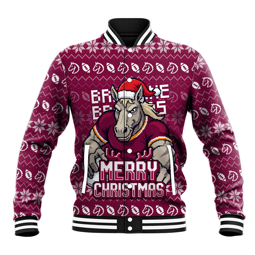 Personalized Brisbane Broncos Christmas Baseball Jacket Australian Rugby Fans - Pixelated Ugly Xmas Pattern Mascot Santa