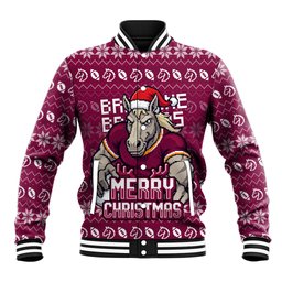Personalized Brisbane Broncos Christmas Baseball Jacket Australian Rugby Fans - Pixelated Ugly Xmas Pattern Mascot Santa