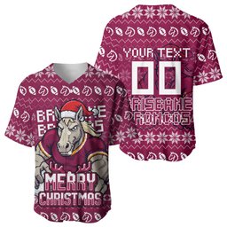 Personalized Brisbane Broncos Christmas Baseball Jersey Australian Rugby Fans - Pixelated Ugly Xmas Pattern Mascot Santa