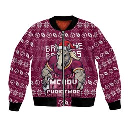 Personalized Brisbane Broncos Christmas Bomber Jacket Australian Rugby Fans - Pixelated Ugly Xmas Pattern Mascot Santa