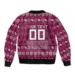 Personalized Brisbane Broncos Christmas Bomber Jacket Australian Rugby Fans - Pixelated Ugly Xmas Pattern Mascot Santa