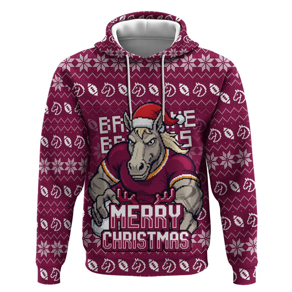 Personalized Brisbane Broncos Christmas Hoodie Australian Rugby Fans - Pixelated Ugly Xmas Pattern Mascot Santa