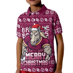 Personalized Brisbane Broncos Christmas Kid Polo Shirt Australian Rugby Fans - Pixelated Ugly Xmas Pattern Mascot Santa