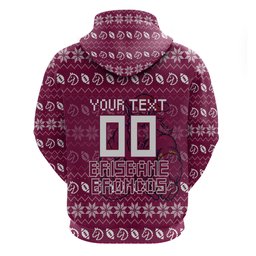 Personalized Brisbane Broncos Christmas Zip Hoodie Australian Rugby Fans - Pixelated Ugly Xmas Pattern Mascot Santa