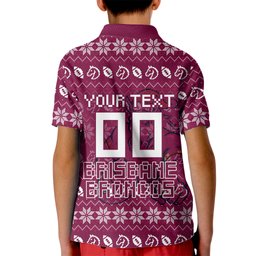 Personalized Brisbane Broncos Christmas Kid Polo Shirt Australian Rugby Fans - Pixelated Ugly Xmas Pattern Mascot Santa