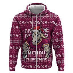 Personalized Brisbane Broncos Christmas Hoodie Australian Rugby Fans - Pixelated Ugly Xmas Pattern Mascot Santa