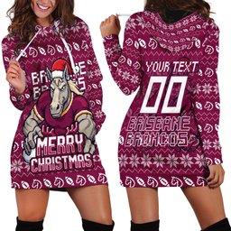 Personalized Brisbane Broncos Christmas Hoodie Dress Australian Rugby Fans - Pixelated Ugly Xmas Pattern Mascot Santa
