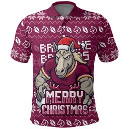 Personalized Brisbane Broncos Christmas Polo Shirt Australian Rugby Fans - Pixelated Ugly Xmas Pattern Mascot Santa
