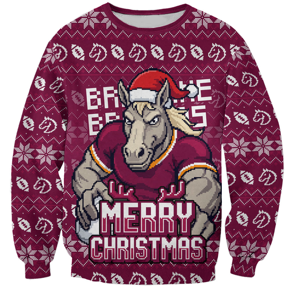 Personalized Brisbane Broncos Christmas Sweatshirt Australian Rugby Fans - Pixelated Ugly Xmas Pattern Mascot Santa