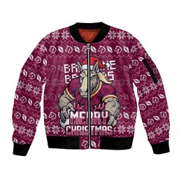 Personalized Brisbane Broncos Christmas Sleeve Zip Bomber Jacket Australian Rugby Fans - Pixelated Ugly Xmas Pattern Mascot Santa