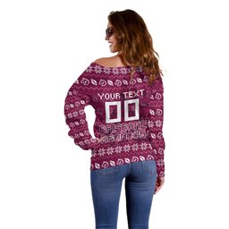 Personalized Brisbane Broncos Christmas Off Shoulder Sweater Australian Rugby Fans - Pixelated Ugly Xmas Pattern Mascot Santa