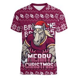 Personalized Brisbane Broncos Christmas Women V-Neck T-Shirt Australian Rugby Fans - Pixelated Ugly Xmas Pattern Mascot Santa