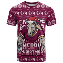 Personalized Brisbane Broncos Christmas T Shirt Australian Rugby Fans - Pixelated Ugly Xmas Pattern Mascot Santa
