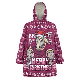 Personalized Brisbane Broncos Christmas Wearable Blanket Hoodie Australian Rugby Fans - Pixelated Ugly Xmas Pattern Mascot Santa