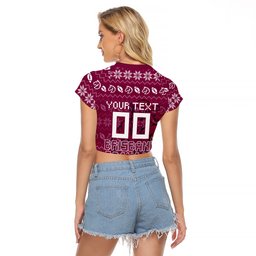 Personalized Brisbane Broncos Christmas Raglan Cropped T Shirt Australian Rugby Fans - Pixelated Ugly Xmas Pattern Mascot Santa