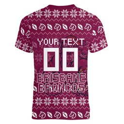 Personalized Brisbane Broncos Christmas Women V-Neck T-Shirt Australian Rugby Fans - Pixelated Ugly Xmas Pattern Mascot Santa