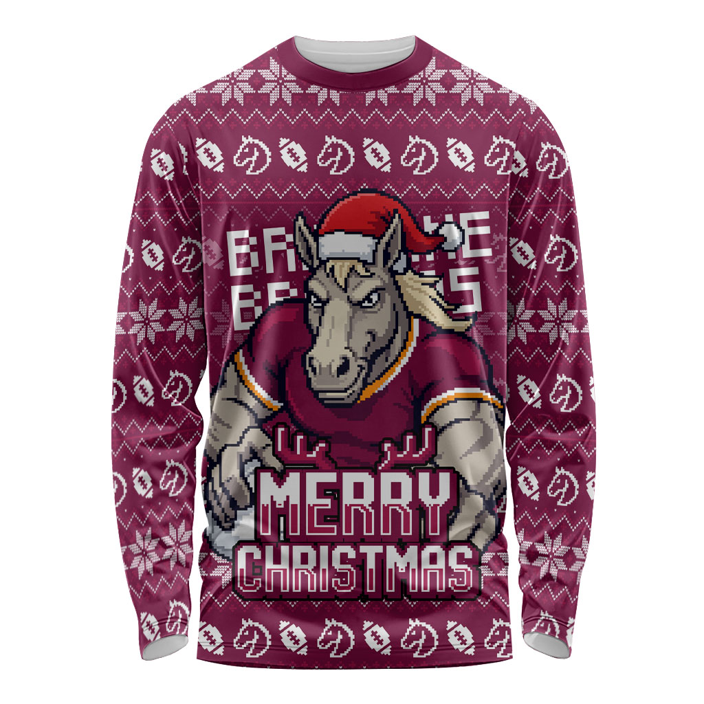 Personalized Brisbane Broncos Christmas Long Sleeve Shirt Australian Rugby Fans - Pixelated Ugly Xmas Pattern Mascot Santa