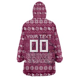 Personalized Brisbane Broncos Christmas Wearable Blanket Hoodie Australian Rugby Fans - Pixelated Ugly Xmas Pattern Mascot Santa