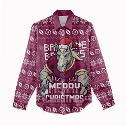 Personalized Brisbane Broncos Christmas Women Casual Shirt Australian Rugby Fans - Pixelated Ugly Xmas Pattern Mascot Santa