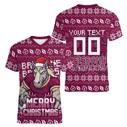 Personalized Brisbane Broncos Christmas Women V-Neck T-Shirt Australian Rugby Fans - Pixelated Ugly Xmas Pattern Mascot Santa