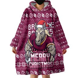Personalized Brisbane Broncos Christmas Wearable Blanket Hoodie Australian Rugby Fans - Pixelated Ugly Xmas Pattern Mascot Santa
