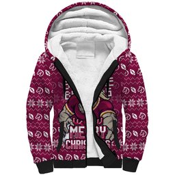 Personalized Brisbane Broncos Christmas Sherpa Hoodie Australian Rugby Fans - Pixelated Ugly Xmas Pattern Mascot Santa