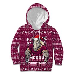 Personalized Brisbane Broncos Christmas Kid Hoodie Australian Rugby Fans - Pixelated Ugly Xmas Pattern Mascot Santa