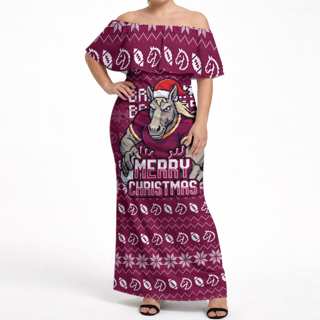 Personalized Brisbane Broncos Christmas Off Shoulder Maxi Dress Australian Rugby Fans - Pixelated Ugly Xmas Pattern Mascot Santa