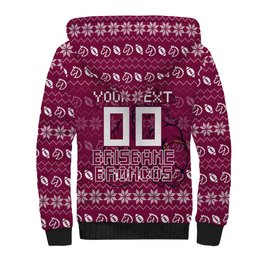 Personalized Brisbane Broncos Christmas Sherpa Hoodie Australian Rugby Fans - Pixelated Ugly Xmas Pattern Mascot Santa