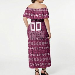 Personalized Brisbane Broncos Christmas Off Shoulder Maxi Dress Australian Rugby Fans - Pixelated Ugly Xmas Pattern Mascot Santa