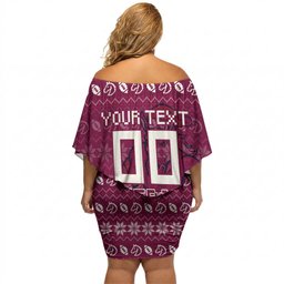 Personalized Brisbane Broncos Christmas Off Shoulder Short Dress Australian Rugby Fans - Pixelated Ugly Xmas Pattern Mascot Santa