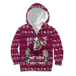Personalized Brisbane Broncos Christmas Kid Hoodie Australian Rugby Fans - Pixelated Ugly Xmas Pattern Mascot Santa
