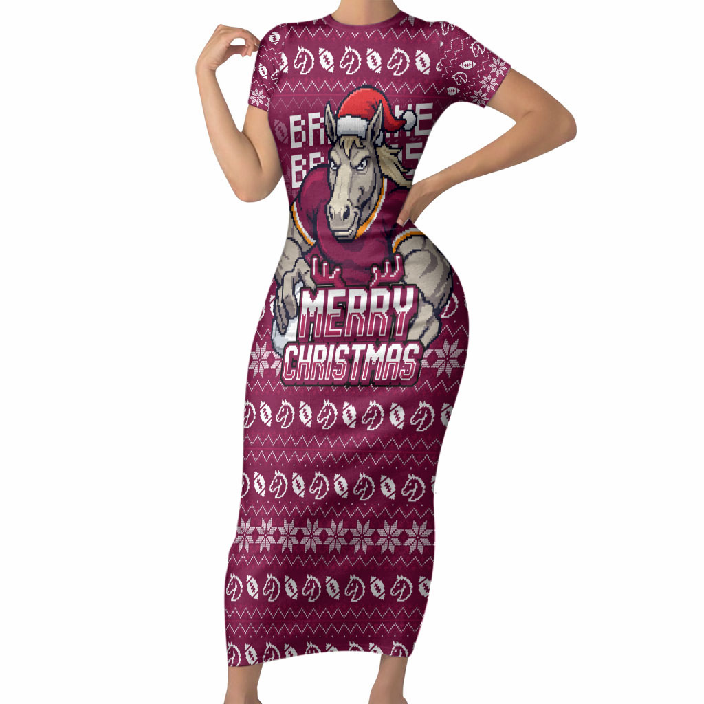 Personalized Brisbane Broncos Christmas Short Sleeve Bodycon Dress Australian Rugby Fans - Pixelated Ugly Xmas Pattern Mascot Santa