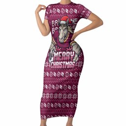 Personalized Brisbane Broncos Christmas Short Sleeve Bodycon Dress Australian Rugby Fans - Pixelated Ugly Xmas Pattern Mascot Santa