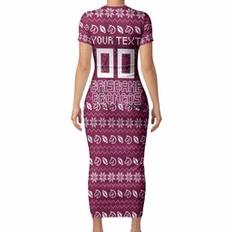 Personalized Brisbane Broncos Christmas Short Sleeve Bodycon Dress Australian Rugby Fans - Pixelated Ugly Xmas Pattern Mascot Santa